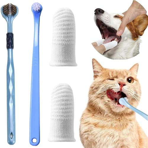 JEYORZY 4 pièces Brosse a Dent Chien Doigtier, Brosses à Dents à Triple Tête, D'animal Familier, Kit de Nettoyage Dentaire pour Anti Plaque Dentaire pour Le Chien et Le Chat