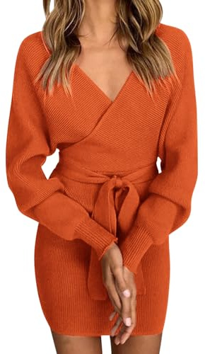heekpek Vestido de Punto Mujer Invierno Manga Larga Cuello en V Mini Vestido Punto Mujer Ajustado con Cinturón Cálida Vestidos de Elástico Corto Sexy