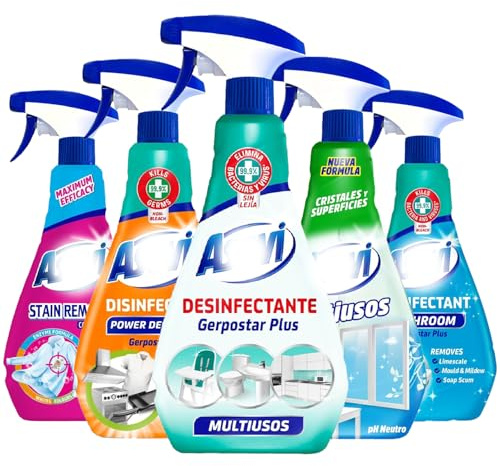 5 Pack Household Spanish Cleaning Products Bundle Giftset Kit with Bathroom Cleaner, Degreaser, Stain Remover, Disinfectant & Glass Cleaner – All-in-One Home Cleaning Essentials
