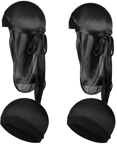 Wanmu 4Pcs Kids Silky Durag with Wave Caps Set, Silky Satin Durag Extra Long Tails, Long Tail and Wide Strap Headwraps, Wide Straps Waves (Black)