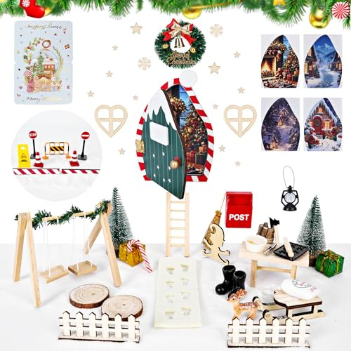 Corpower Puerta Elfo Navidad Accesorios, Decoraciones en Miniatura de Casa de Elfo para Madera, Buzón, Botas, Valla, Corona, Escalera