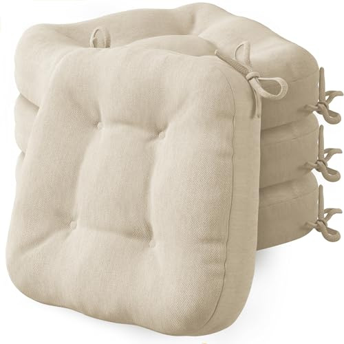 Codi Dining Chair Cushions 4 Pack, Thick Chairs Pads for Indoor Kitchen Room - Washable, Non-Slip Memory Foam Seat Cushion with Ties, 16.5x16.5x 3.5, Set of 4, Beige New