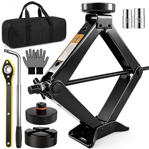 FISHOAKY Gato de Tijera 3t, Kit de Gato Coche Universale con Bloque De Goma, Llave de Tuercas de Rueda, Mango de Trinquete, Guantes, Bolsas de Almacenamiento, Gato para Coche SUV MPVTesla