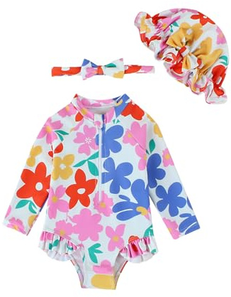 DivingBirds Bañador para niña de manga larga, traje de baño de una pieza con capucha, material elástico, diseño colorido para 3-24 meses, mariposas, 6-9 meses