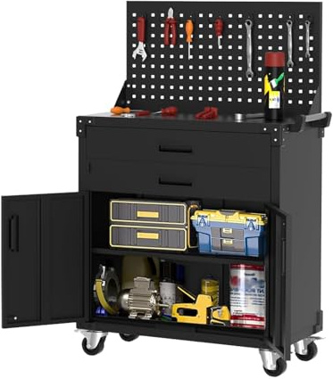 Garvee Armoire à Outils roulante Robuste – Acier épais, 2 tiroirs, Panneau perforé, étagère réglable, 4 Roues – Coffre de Rangement verrouillable pour Atelier, Garage, entrepôt – Hauteur 80cm –