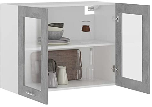 Susany Armadio Sospeso con Vetro, Armadio da Parete Mobiletto da Cucina Mobiletto con 2 Ante Grigio Cemento 80x31x60 cm Truciolato