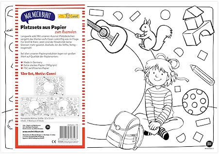 12 Conni Platzsets zum Ausmalen aus Papier, Papier-Tischset Kinder, Kinder-Platzsets zum Ausmalen, Bastelunterlage, Malunterlage, Kinderbeschäftigung, Mal Mich Bunt