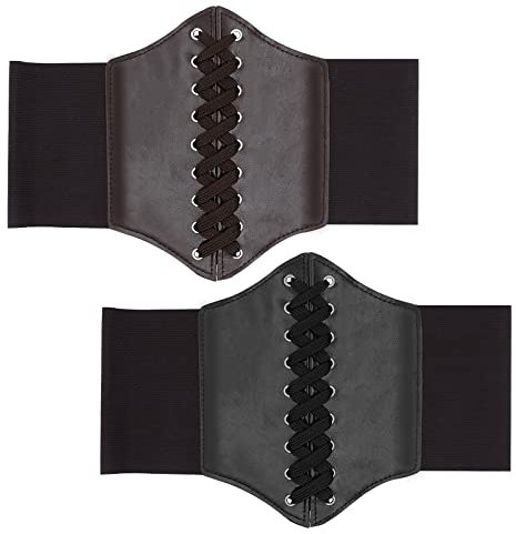 Spldsun 2 Stück Korsett Damen, Leichtgewicht, Corset Belt, Waist Korsett Gürtel Retrof, Schnürkorsett, Leder, Verstellbar, für Damen, Mädchen, Halloween, Rollenspiel (Schwarz, Braun)