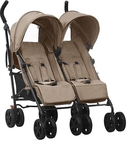 Hommdiy Geschwisterwagen mit 11 Rädern Korb Traggürtel Zusammenklappbar Verstellbar Kinderwagen Zwillingswagen Zwillingsbuggy Buggy Taupe Stahl