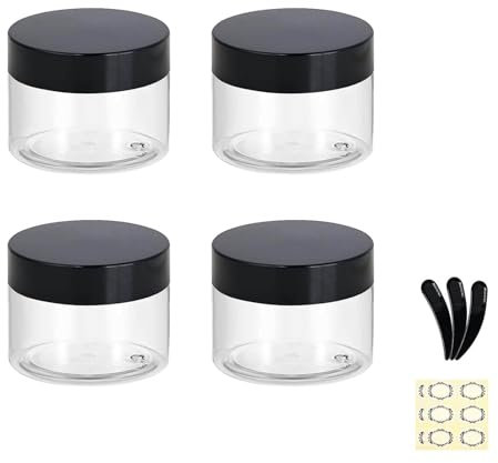 JamHooDirect 4Pcs 100g/100ml Clear Plastic Jars with 3Pcs Mini Spatulas & Labels Round Cosmetic Sample Container with Inner Liners & Black Lids for Lotions Cream Ointments Travel Makeup Beauty Storage