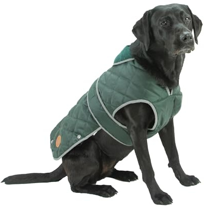Ancol Heritage Quilted Dog Coat in Green - Waterproof Fleece Lined Pet Jacket with Zipped Harness Hole - Reflective Edging Puppy Apparel - XS
