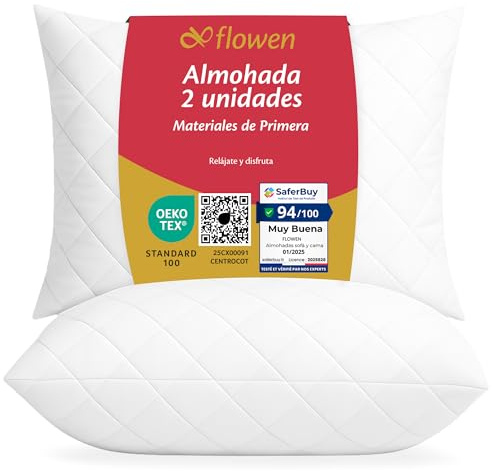Flowen Almohadas para Cama 40x80 2 Unidades Relleno Cojin Hipoalergénico Antiácaros y Suave Rectangular para Hogar con Funda de Almohada Acolchada Blanco Extraíble y Lavable