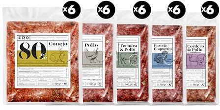 CRU - Dieta Barf para Perros Mix 5 Sabores - Comida Natural Perros Cruda y Congelada - Comida para Perros Pequeños y Grandes - 30 Paquetes de 500g (30 Paquetes, Mix 5 sabores)
