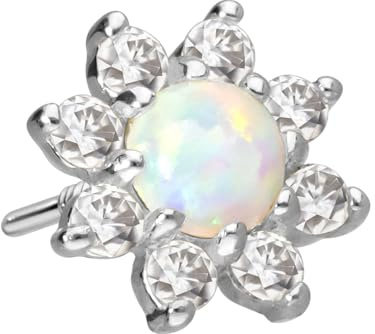 PIERCINGLINE 14 Karat Gold Ohr-Piercing Schraubaufsatz mit Gewinde OHNE Labret Stecker MOISSANIT-BLUME + SYNTHETISCHER OPAL 14K Weißgold (rhodiniert)