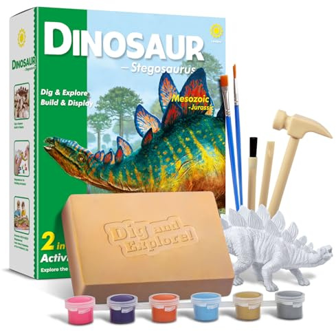 EGGBOX Kit di scavo di scheletro di dinosauro per bambini, set 2 in 1 di scavo e pittura di Stegosaurus, giocattolo di dinosauro per bambini, esperimenti di paleontologia e fossili
