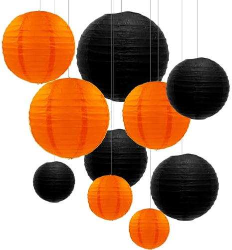 ZYOOO 10pcs Paper Lanterns,15/20/25cm Round Hanging Paper Lanterns Decoration for Halloween,Birthday Party,Wedding,Graduations,Autumn Garden Decoration(Orange,Black)