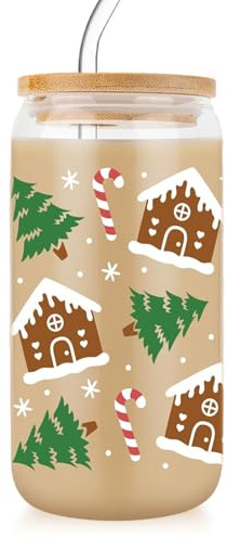 CharmBurst Taza de cristal de casa de jengibre con tapa de pajita, taza de Navidad con tapa y popotes, bonita taza de café de vidrio de Navidad, café helado