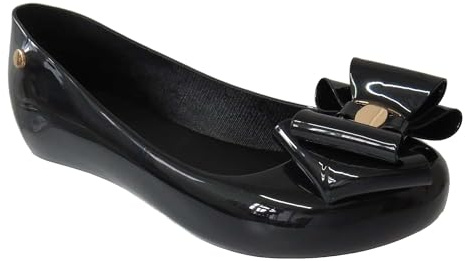 Womens Ladies Flat Peeptoe Casual Office Work Formal Jelly Bow Slip ON Shoes Ballets Pumps Black/Gold Size UK 5