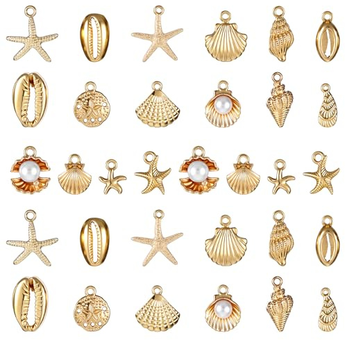 Aysatogc 32 Pcs Summer Beach Charms for Jewelry Making, Starfish Conch Sea Shell Pendants DIY Charms Sea Necklace Pendant for Women Jewelry for DIY Bracelet Necklace Earrings Making Crafting
