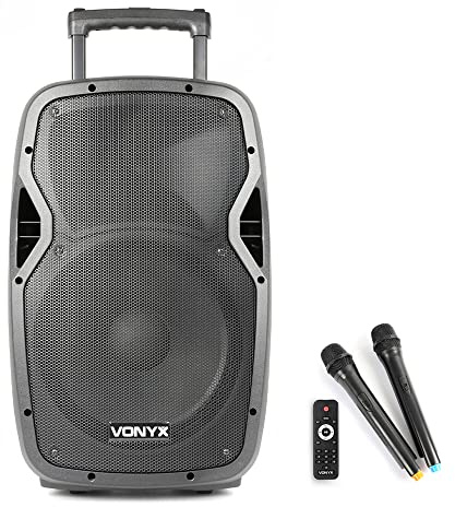 Vonyx AP1200PA Portable PA Speaker with Bluetooth, 600W Battery Powered PA System, Two UHF Wireless Microphones, USB SD MP3 Playback for Karaoke, Events, Busking, Gyms & Weddings