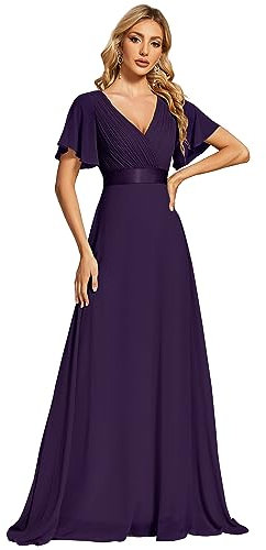 Ever-Pretty A-línea Vestido de Noche Cuello en V Manga Corta Gasa Corte Imperio para Mujer Morado Oscuro 46