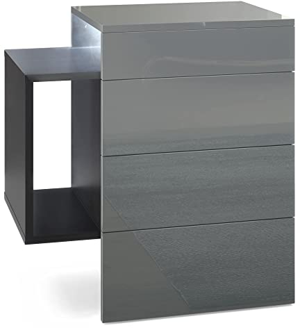 Vladon Nachttisch Queens, Made in Germany, Nachttischschrank mit 2 Schubladen und 1 seitlichem Fach zur Wandmontage, Schwarz matt/Grau Hochglanz, inkl. LED Unterbaustrahler weiß (60 x 63 x 36 cm)
