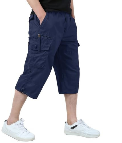 KEFITEVD Cargo Shorts Men 3/4 Length Shorts Long Short Pant Cropped Trouser | Multi pockets, elastic waist, casual work shorts, cotton capri trousers, summer below knee, 15 inch, comfortable, lightweight
