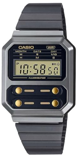 Casio Unisex Quartz Armbanduhr, 33.00mm Gehäusegröße mit schwarz digital Zifferblatt und schwarz und Silber Metallarmband Armband A100WEGG-1A2EF