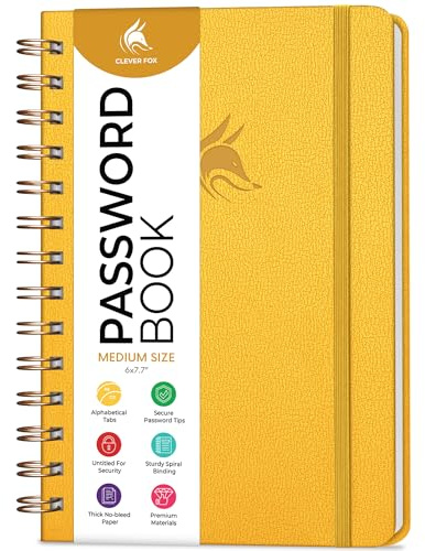 Clever Fox Password Book Spiral – Internet Address Log Book with Alphabetical Tabs, Password Keeper & Organizer - Medium 15.5x19.6cm (Amber Yellow)