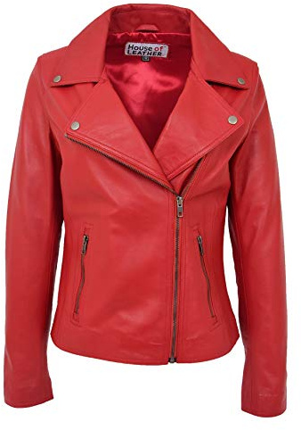 Lola Veste de motard en cuir véritable avec fermeture éclair pour femme, Rouge, 38