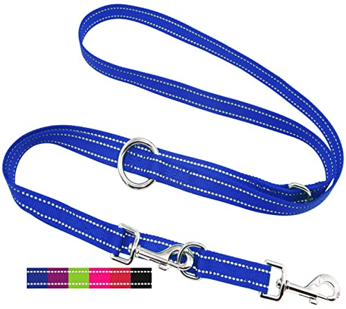 DEY - Premium Hundeleine Nylon 2m | Reflektierend | 3fach Verstellbar | für Kleine, Mittelgroße u. Große Hunde | viele Farben |Doppelleine Hund | Schleppleine | Führ-Leine | Welpenleine | Blau, XS