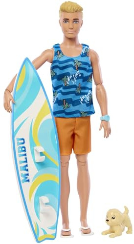 Barbie Coffret Surf Ken Poupée Ken Blonde Articulée, Planche De Surf, Chiot, Accessoires, Jouet Enfant, Dès 3 Ans, HPT50