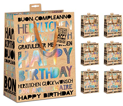 PremiumLine Geschenktaschen 6 Stück edle Geschenktüten Papier Tragetasche aus robustem Kraftkarton DIN A4 Geburtstag Geschenkbeutel Large 26x32x12cm mit farbiger Kordel und Anhänger