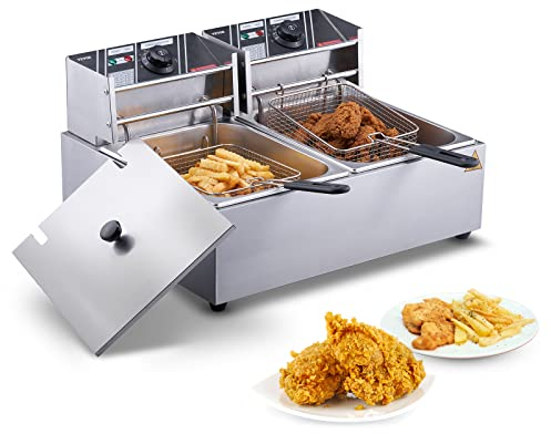 VEVOR Friteuse Électrique Commerciale 2 Cuves de 12 L 5000 W Friteuse à Huile en Inox avec 2 Paniers à Frire Couvercles Température Réglable 50-200 °C pour Rondelles d’Oignon Poulet Frit Snack-Bars