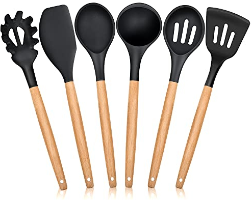 Joyfair Kitchen Utensils Set, 6 Pieces Silicone Cooking Utensils Set, Natural Wooden Handle Cookware Include Spatula/Turner/Spoon/Pasta Server/Soup ladle, Non Stick Non Toxic Heat Resistant, Black