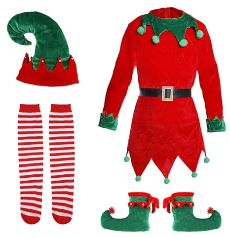 XIHIRCD Christmas Elf Costume Sets, Funny Jester Cosplay Outfit With Elf Hat, Long Striped Socks, Bell Shoes, for Women Party Favors