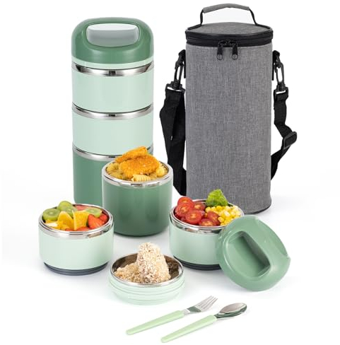 Lille Home Stainless Steel Lunch Box, Stackable 3 Layer Lunch Container for Adults 1.43L Leak Proof Lunch Box Insulated with Bag(Green)