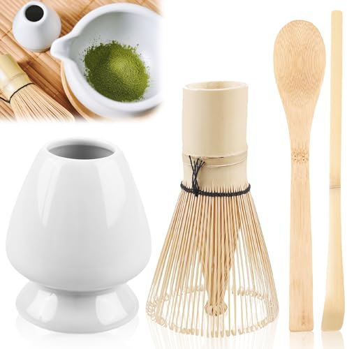 Matcha Set di 4 fruste Matcha in bambù, set matcha con cucchiaio matcha, setole per whisk 70, porta pennelli da tè in ceramica, accessori per matcha, set in polvere per matcha