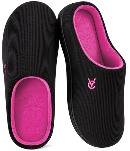 VeraCosy Women's Two-Tone Slippers Soft Comfy Knit Memory Foam Non-slip Indoor House Shoes Fuchsia Black, 7-8 UK