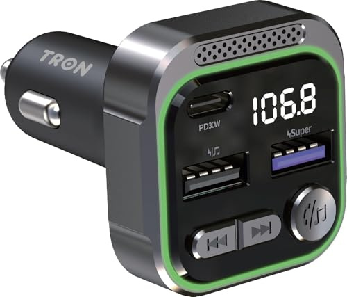 TRON Bluetooth 5.3 FM Transmitter Car Adapter 48W (PD30W +18W USB) Fast Charger, with Mic, Light Switch, HiFi Bass Sound, Audio Receiver Wireless Radio MP3, Hands-Free Calling, Support USB Drive, TR43