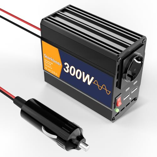 Starkbaer 300W/600W Wechselrichter Reiner Sinus 12V auf 230V Spannungswandler, Pure sine Auto Inverter, 4X USB & 1xAC Steckdosen Stromwandler. Kfz-Zigarettenanzünder-Stecker, Alu-Legierung.​