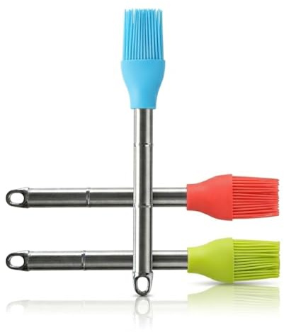 Juego de 3 Cepillos de Silicona con Mango de Acero Inoxidable - Pinceles Flexibles y Resistentes para Hornear y Mezclar - Utensilios Antiadherentes Fáciles de Limpiar para Repostería y Cocina