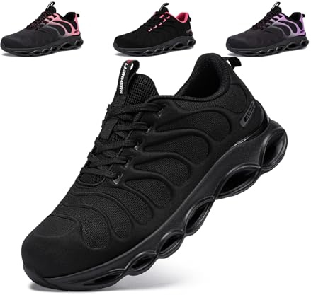 LARNMERN Steel Toe Shoes for Women Wide Lightweight Safety Shoes Sneakers Comfortable Steel Toe Sneakers Work Colorful Breathable Fashionable Footwear (8.5W, Black)