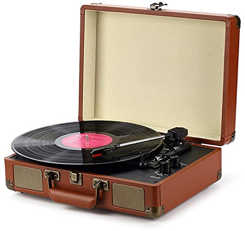 SGKOMN Giradischi a Valigia con Altoparlanti integrati, Giradischi Bluetooth a 3 velocità, Supporta Dischi da 12/10/7 Pollici, Jack per Cuffie, Lettore Vinile, Brown