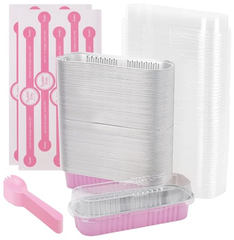 PINGEUI 100 Pcs Mini Loaf Pans with Lids and Spoons, 200ml Mini Loaf Tins with Lids, Rectangular Aluminum Foil Baking Pans with Sticker for Wedding, Picnic or Birthday (Pink Silver)