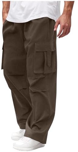 2025 Trousers Men's Baggy Cargo Pants Casual Parachute Cargo Pants Loose Fit Hip Hop Harem Pants with Pockets (Brown, XL)