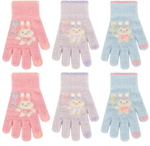 QKURT 3 paia di guanti magici per bambini con motivo a coniglio, caldi guanti lavorati a maglia, guanto invernali a dita intere, guanto per bambini per il freddo, per il calore quotidiano, età 4-10