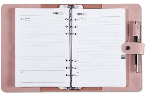 Kalender 2026 2027 A5 ringpärm dagsplanerare, 1 dag 1 sida med månadsöversikt, anteckningar, kontakt, pennhållare, PU softcover, påfyllningsbar organizer terminplanerare för elever kontor, aug. 2026
