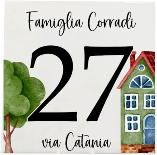 Numero Civico in Ceramica, Targa Decorativa PERSONALIZZABILE, Numeri Civici Esterno su Mattonella in Ceramica 11x11cm, con Indirizzo e Nome Famiglia Personalizzato, made in italy STILIZZATO