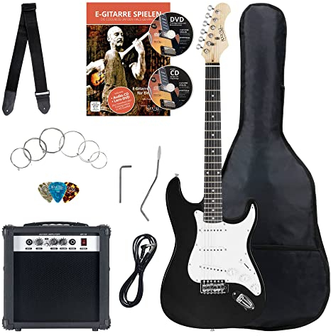 Rocktile Banger's Pack Komplettset E-Gitarre Schwarz (Verstärker, Tremolo, Tasche, Kabel, Gurt, Plecs, Ersatzsaiten und Schule mit CD/DVD)